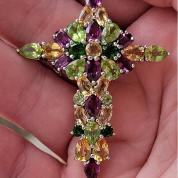 Multi-Gemstone Cross on 18 inch Silver Chain - Picture 2 of 7